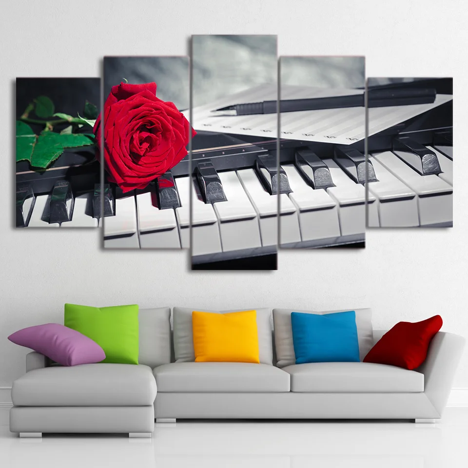 

Canvas Paintings Wall Art Frame Modular HD Printed 5 Pieces Piano Keys Pictures Rose Music Compose Poster Home Decor Living Room
