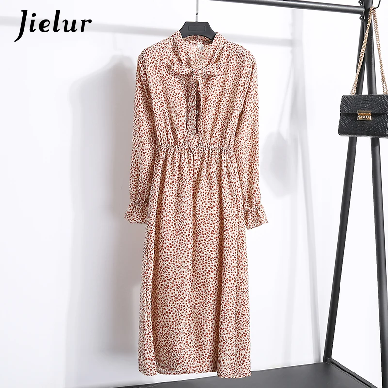 Jielur Long Sleeve Dress Women Spring Autumn Floral Print Chiffon Vestidos Mujer 2018 Vintage Bowtie Ruffles White Dress Elegant