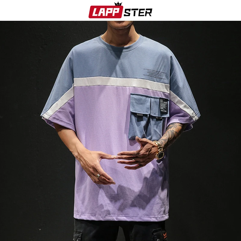 LAPPSTER, мужская Японская уличная одежда, футболка, цветов, Blcok, Harajuku, с карманами, корейские футболки, хип-хоп, больше размера, d, футболка размера плюс