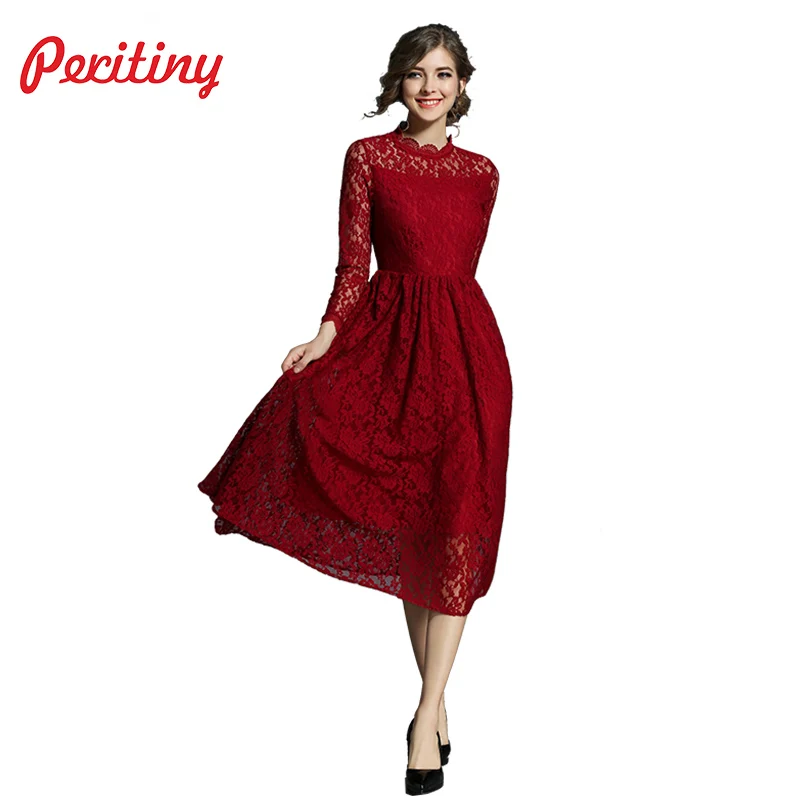 

Peritiny Elegant Red Dress for Women 2018 Spring Summer Lace Dresses Long Sleeve A-Line Sexy Lady Frauen Kleider 2018