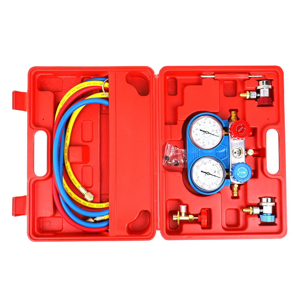 

Car Air Conditioning Refrigerant Freon Double Valve Pressure Gauge Diagnostic Repair Tool Kit