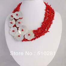 4 пряди захватывающий красный коралл и двойной морской раковины цветок Мода удивительные ожерелье модные украшения