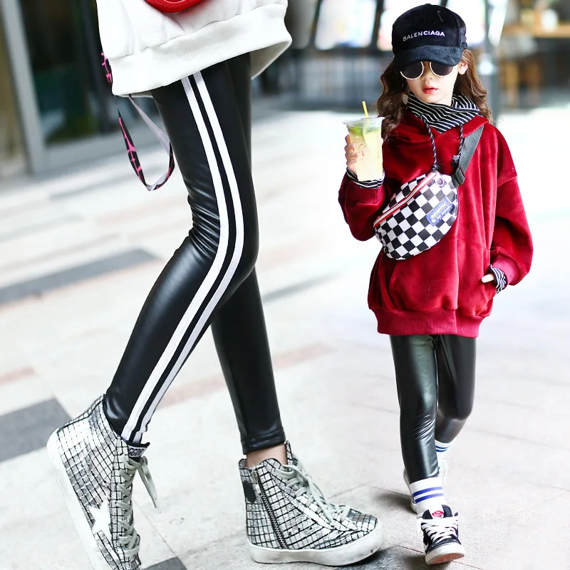 Goedkoop Kids 2017 Winter PU Fleece Broek Kinderen Meisjes Kunstleer Mid taille Broek Grote Meisjes Gestreepte Leggings School Kleding