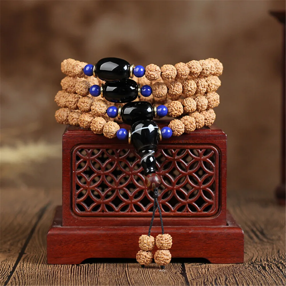 

Hot Sale Natural Toad Back Rudraksha 5 Flap Dragon Meat Pattern Buddhist 108 Mala Hand Chain Black Onyx Beads Bracelet Dropship