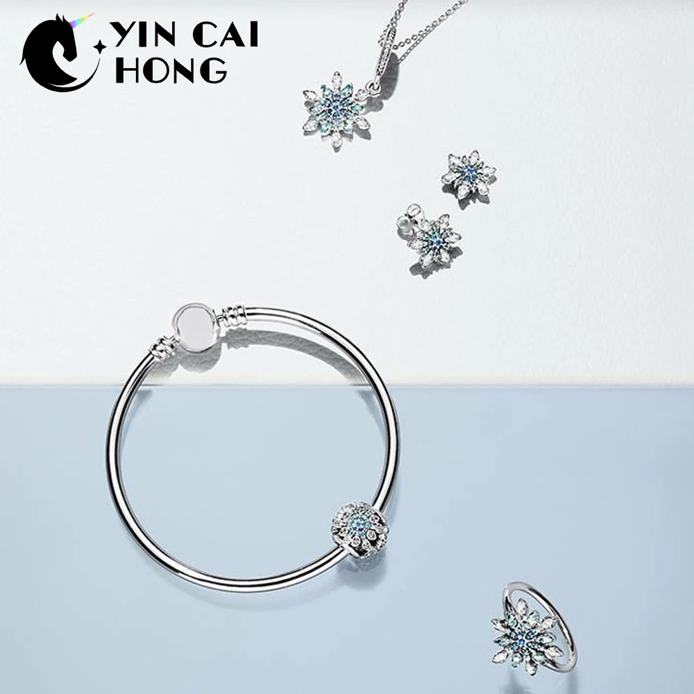

YCH 100% 925 Sterling Silver 1:1 Winter Crystallised Snowflake Beaded Pendant Bangle Ring Stud Earrings Necklace Set