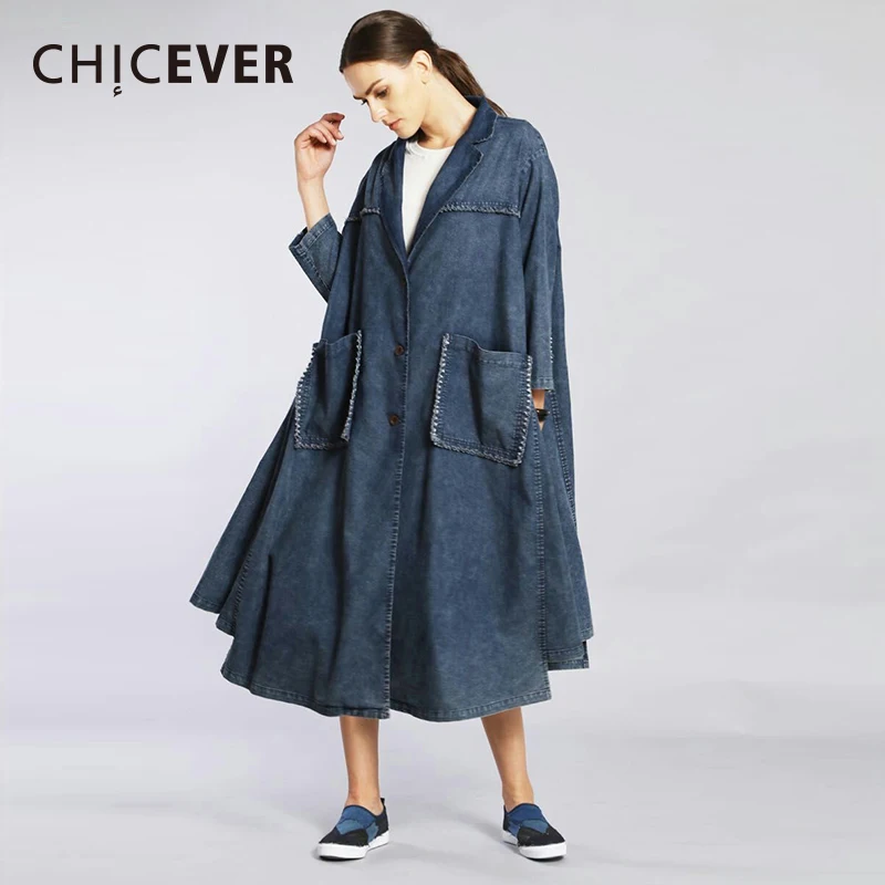 Осеннее джинсовое пальто для женщин CHICEVER ветровка с длинным рукавом и двумя