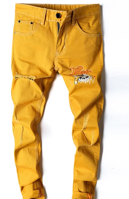 Мужские джинсы, обтягивающие, стрейчевые, с дырками, с надписями, вымытые, мужские джинсы, желтые, потертые, повседневные, Ретро стиль, винтажные, мужские брюки-карандаш - Цвет: Цвет: желтый