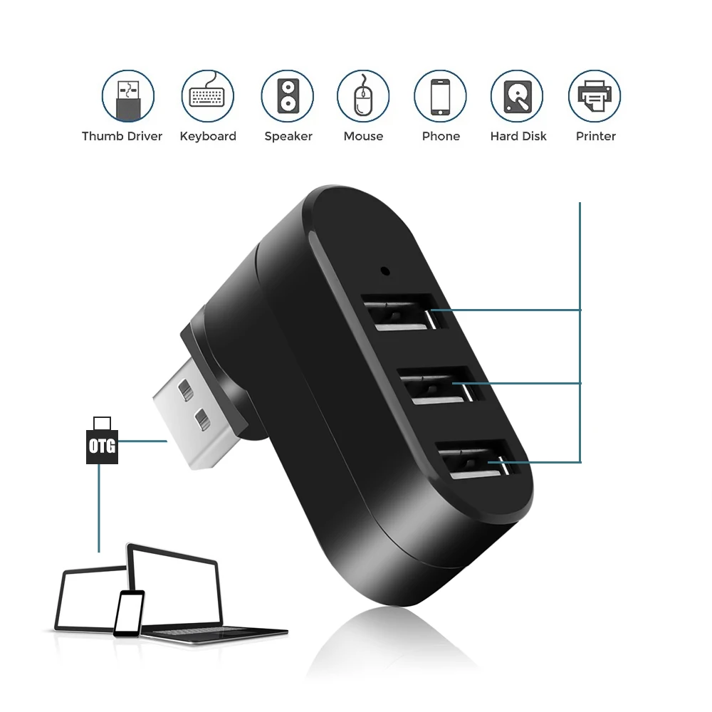 KEBIDU USB 2.0 Hub 3 Ports USB Hubs Mini Rotate Splitter Adapter Hub for PC Notebook Laptop Mac usb 2.0 Splitter White/Black