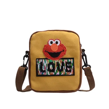

Sequins Sesame Street Cartoon Handbags Ms. Personality Canvas Shoulder Bags Crossbody Three-dimensional Zipper Small Square Bag