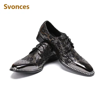 

2019 Genuine Leather Mens Shoes Polka Dot Fashion Lace-up Metal Dressing Party Wedding Shoes Man New Brand Zapatillas Hombre 46