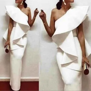 

LOVE&LEMONADE Sexy One-Shoulder Ruffled Trim Strapless Slim Bodycon Party Dress LM9521 WHITE