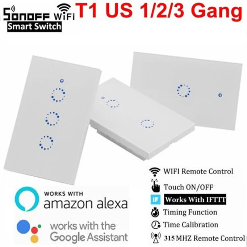 

Sonoff T1 WiFi RF/ APP/ Touch Control Wall Light Switch 1/2/3 Gang Panel Wall Touch Light Switch Smart google Home with Alexa