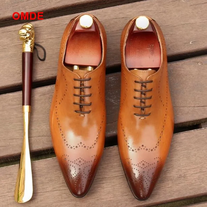 OMDE Pointed Toe Oxford Shoes For Men Fashion Lace-up Mens Dress Shoes Breathable Carved Business Formal Shoe Men Leather Shoes