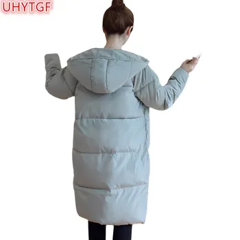 

UHYTGF Winter Jacket Women Tops And Blouses Warm Long Coat Parkas Jacket Down Cotton Hooded Coat Long sleeve Ladies Clothing 29