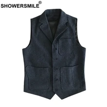 SHOWERSMILE Vintage Vests Men Herringbone Wool Waistcoat Navy Blue Casual Sleeveless Jacket Male Tweed Loose Pockets Autumn Vest