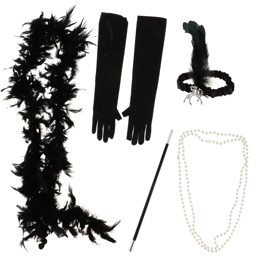 5pcs/Set 1920s Gatsby Feather Headband Necklace Gloves Cigarette Holder Boa Scarf Charleston Party Flapper Fancy Dress