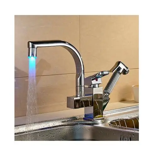 

Polished Chrome Dual Spout Pull Out Kitchen Faucets Deck Mounted Shower Sprayer Kitchen Taps with Hot and Cold Water Pipes