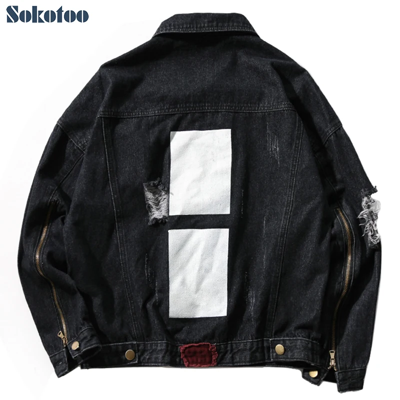 Sokotoo Men's black loose holes ripped denim jean jacket Plus size zipper sleeve coat Printed top outerwear Sokotoo Men's black loose holes ripped denim jean jacket Plus size zipper sleeve coat Printed top outerwear