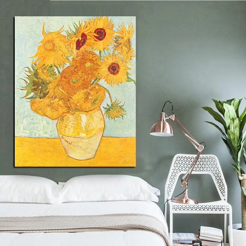 Print Abstract Vincent Van Gogh Gold Sunflower Oil Painting on Canvas Original Floral Vase Wall Picture Poster for Living Room