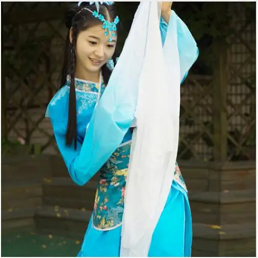 Женская розовая с длинными рукавами классический китайский танец костюм синяя вода рукава Девушка hanfu принцесса платье древняя фея косплей