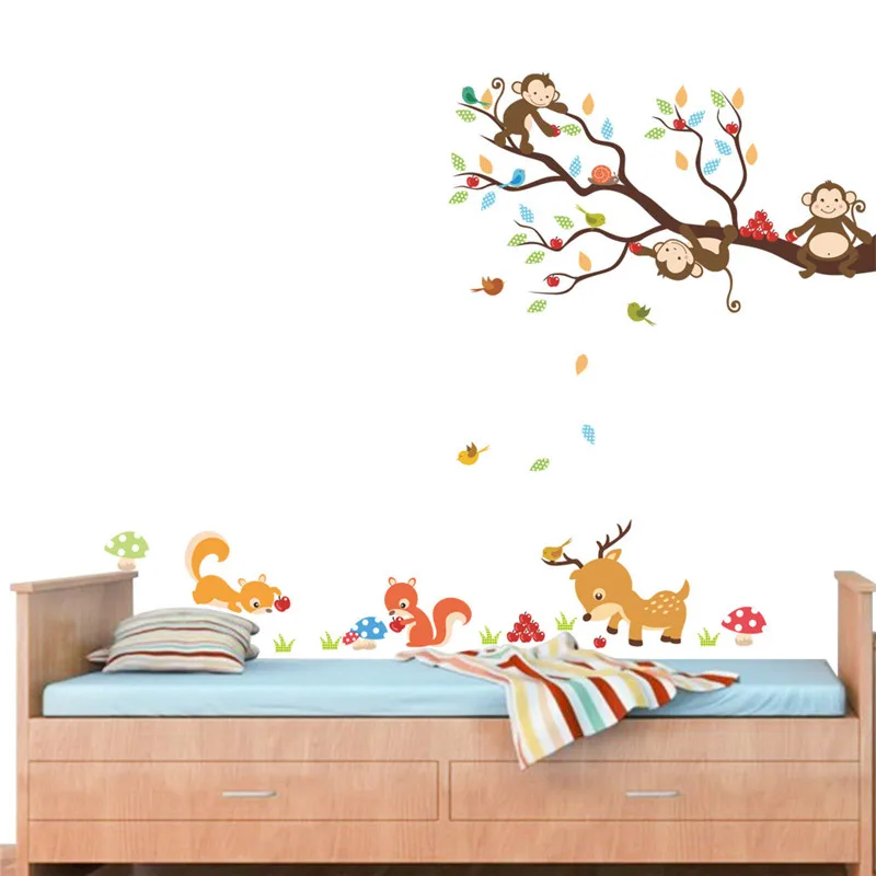 3D мультфильм лес дерево животное обезьяна олень белка наклейки на стену для детской комнаты детская спальня наклейка на стену домашний декор Фреска