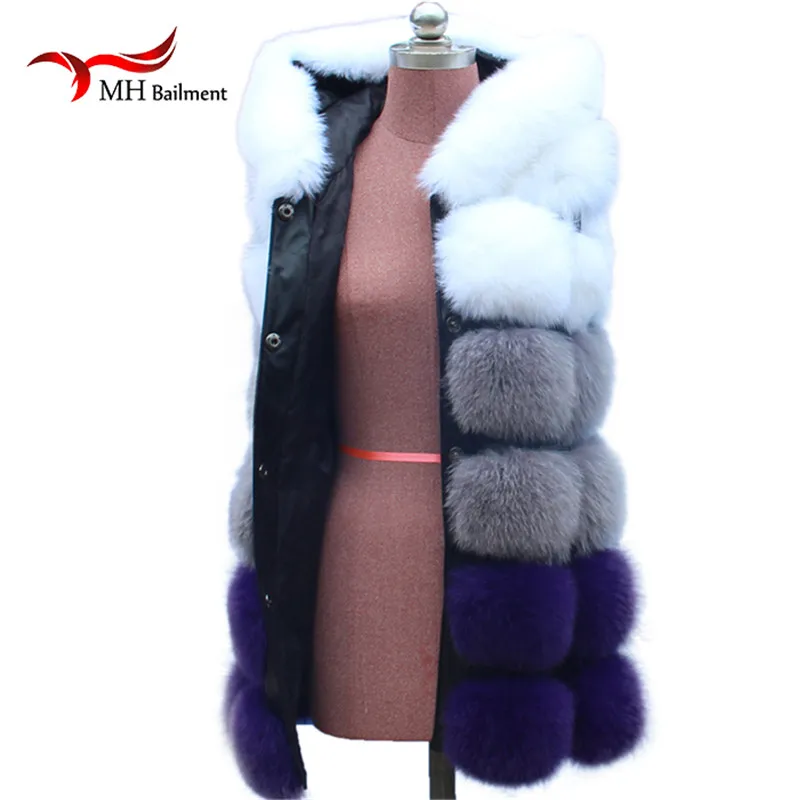 

Winter Real fur coat Vests Blue White Stripe Color Fox Fur Vest Waistcoat For Women Furry Sleeveless Jackets Coats A#38