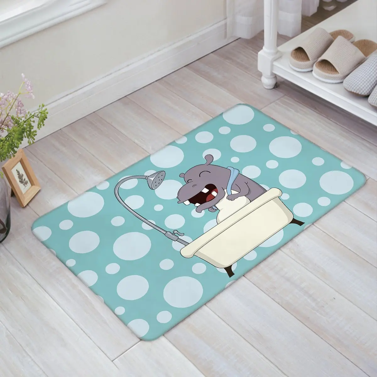Cartoon Hippo Bath With Cute Bubble Print Doormat Welcome