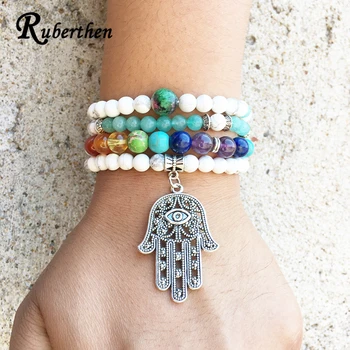 

Ruberthen Vintage Women`s 7 Chakra Bracelet Designer Lotus Ohm Hamasa Blue Stone 108 Mala Jewelry Trendy Yoga Gift for Girl