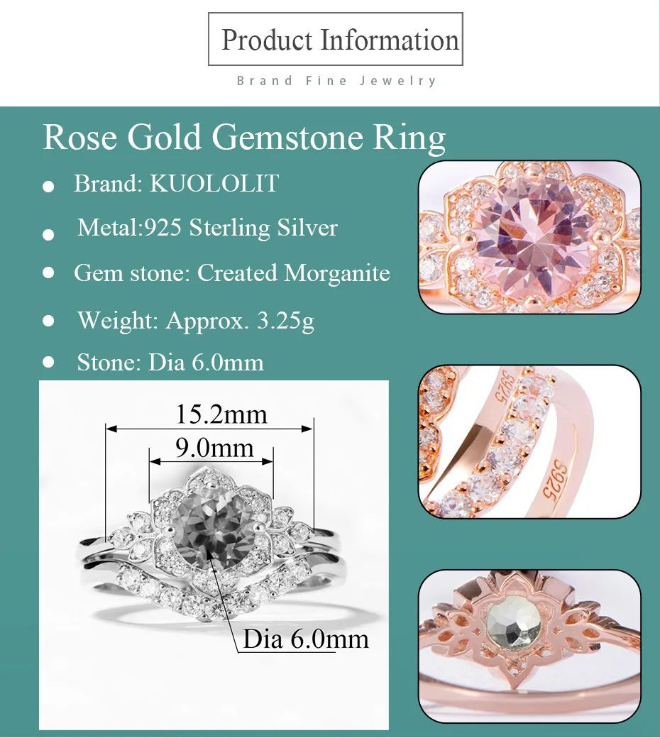Kuolit морганит драгоценный камень набор колец для женщин 925 пробы серебро создан камень группа укладки кольцо обручение ювелирные украшения