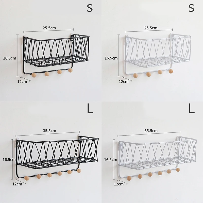 Настенная декоративная стойка для хранения с крюком, комбинированная подвесная корзина из кованого железа, многофункциональный крючок, полка для спальни, Домашний Органайзер