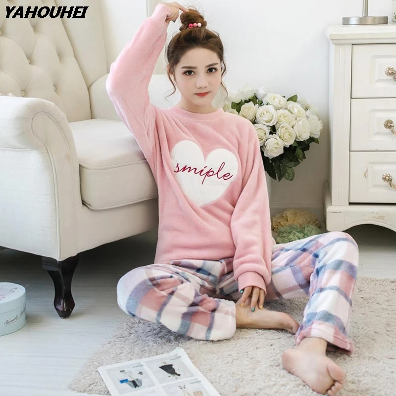 

Thick Warm Casual Plaid Flannel Pajama Sets For Women Winter Long Sleeve Coral Velvet Pyjama Cute Cartoon Sleepwear Pijama Mujer