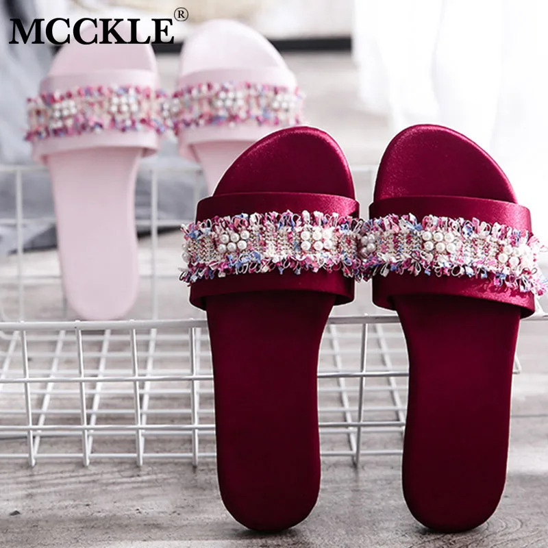 

MCCKLE Women String Bead Silk Flat Slippers Pearl Tassels Summer Open Toe Ladies Slides Comfort Fashion Casual Female Shoe