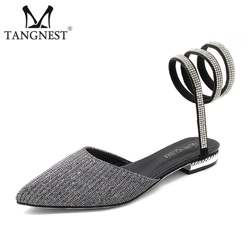 

Tangnest 2018 Women Luxury Sandals Fashion Wrist Strap Bling Crystal Pointed Toe Leisure Shoes Low Heel Slippers XWZ4886
