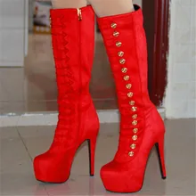 SHOFOO shoes. г. Новая мода, красная кашемировая кожа сапоги на высоком каблуке 14,5 см сапоги до колена. Размер: 34-45