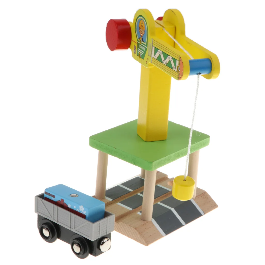  Preschool Wooden Toy Trains Set Building Blocks Construction kits Play Activity, Fine Motor Skills - Track Crane & Freight Car