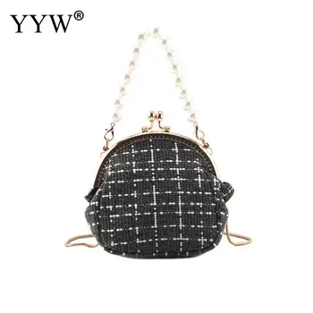 

Plaid Fabric Small Clutch Women Evening Party Bag Pearl Handle Handbag Chain Shoulder Crossbody Bags Female Ladies Clucth Purse