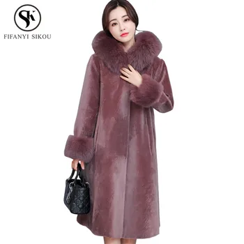 

Winter Fox fur collar Cashmere Coats Hooded Overcoat Women Plus size Long Faux fur coat Fashion Warm Fourrure Outerwear Female
