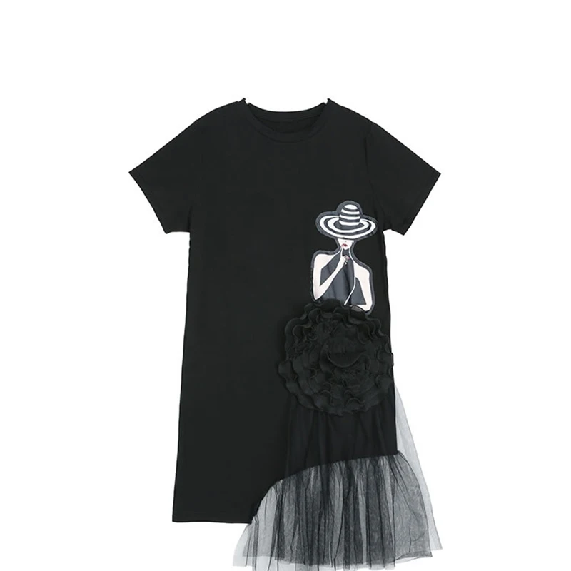 XITAO, комбинированное Сетчатое платье с цветочным рисунком размера плюс, женское летнее уличное платье с круглым вырезом, модное платье средней длины, WBB2827