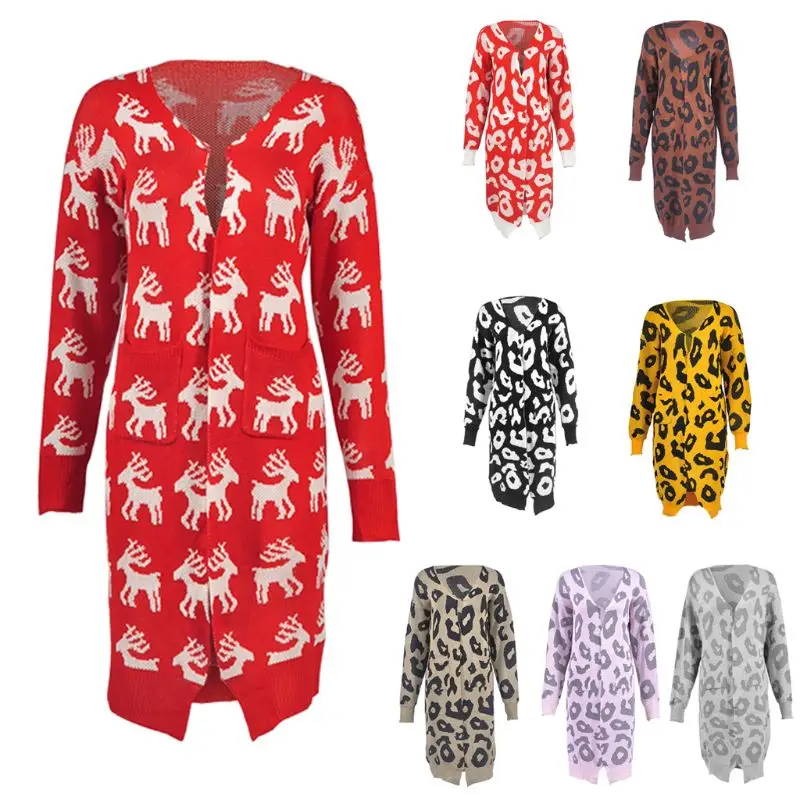 Женский осенне-зимний свитер с длинными рукавами и открытой передней частью, кардиган, леопардовое рождественское трикотажное пальто с принтом оленя контрастного цвета