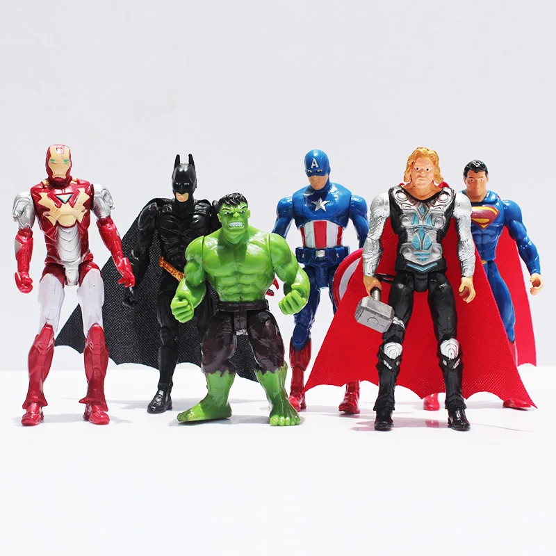 

6pcs/lot Superheroes The Avengers Batman Spider Man Iron Man Hulk Thor Captain America Joint Moveable PVC Figure Model Toys Doll