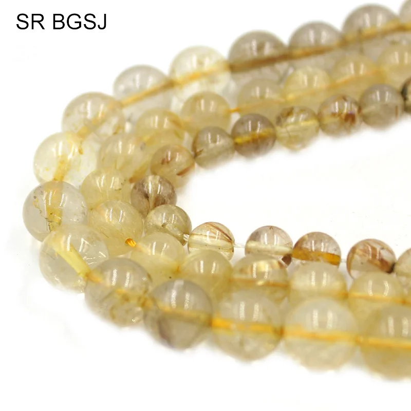 

Free shipping 6 8 10mm Natural Stone Round Jewelry Making Loose Gold Rutilated Quartz Spacer Beads Strand 15"
