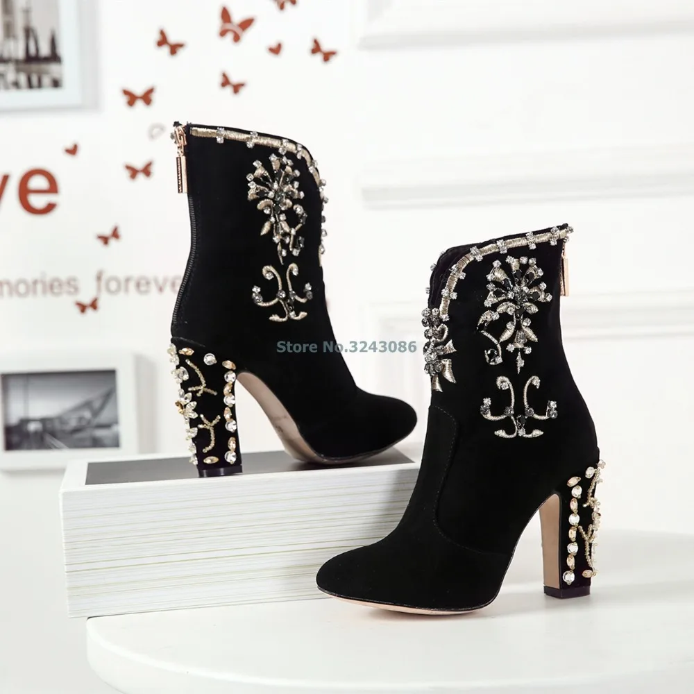 As Nueva Gamuza Redonda Llegada Picture Botas Alto De Bordar Punta Cortas Tacón Moda Mujer Elegante Gruesa Zapatos Negro Tobillo wxTpqvvZ