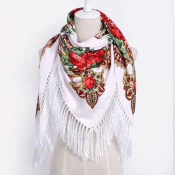 

Woman Print Scarf Russian Ethnic Style Cotton Flower Pattern Tassel Winter Warm Square Blanket Scarf Shawl luxury Brand scarf