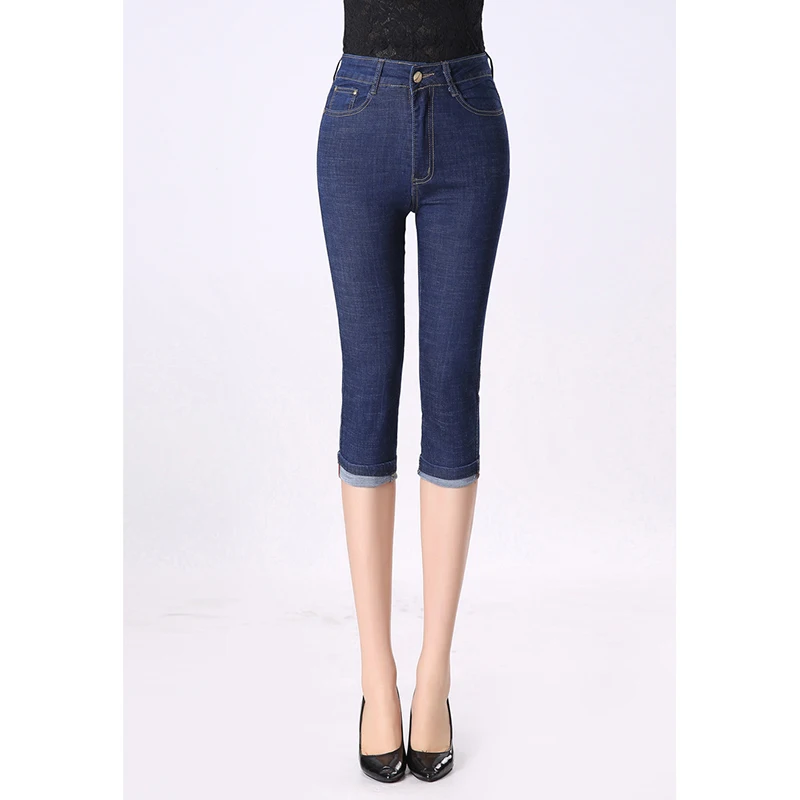 Calf Length Jeans Women 2018 Summer Casual Trousers Blue Stretch Mid