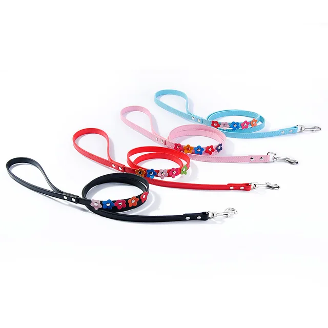 Small Dog Collar Leash Pet Cat Leather Flowers Neck Strap Leads Rope for Middle Perro Chihuahua Kawaii Fashion High Quality 5