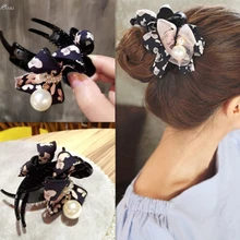 AOMU, корейская мода, для девочек, цветочный принт, когти для волос, имитирующий жемчуг, пряжа, заколка для волос для женщин, аксессуары для волос, краб для волос