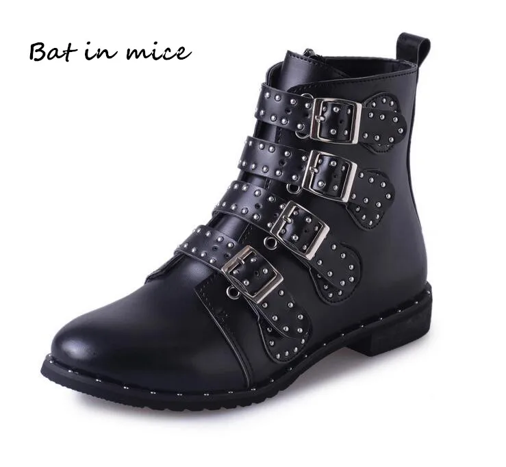 

women Rivets PU Leather Booties Buckle Straps Thick Heel Black Ankle Women Boots shoes Studded Decorated Boots Motorcycle W329