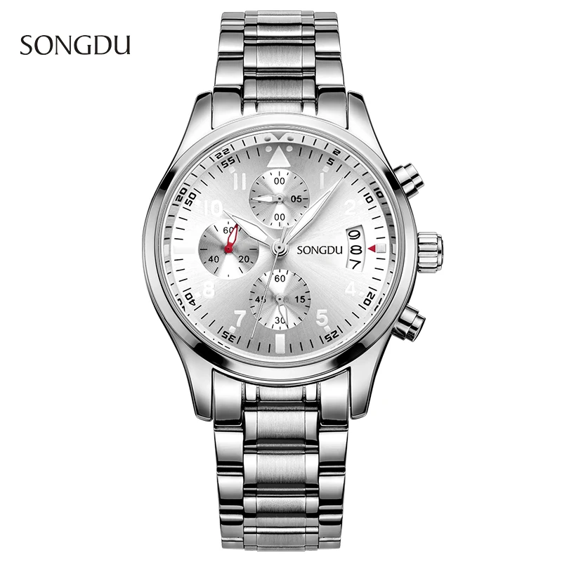 Men s Multi Function Chronograph Quartz Watch SONGDU Steel Bracelet Band Male Fashion Clock Waterproof Wrist