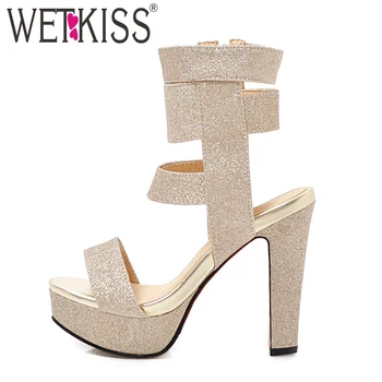 

WETKISS Gladiator Sequined Sandals Women Open Toe Footwear Party Bling Platform Shoes Female High Heels Shoes Woman Summer 2019