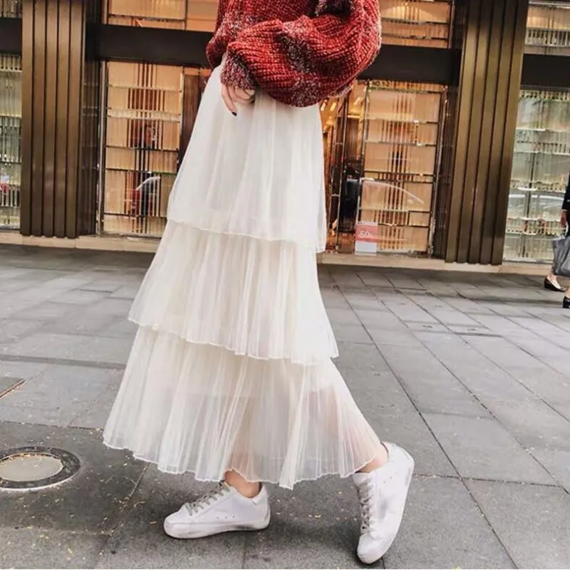 

Spring and summer new cake pleated skirt skirt women's long mesh skirt